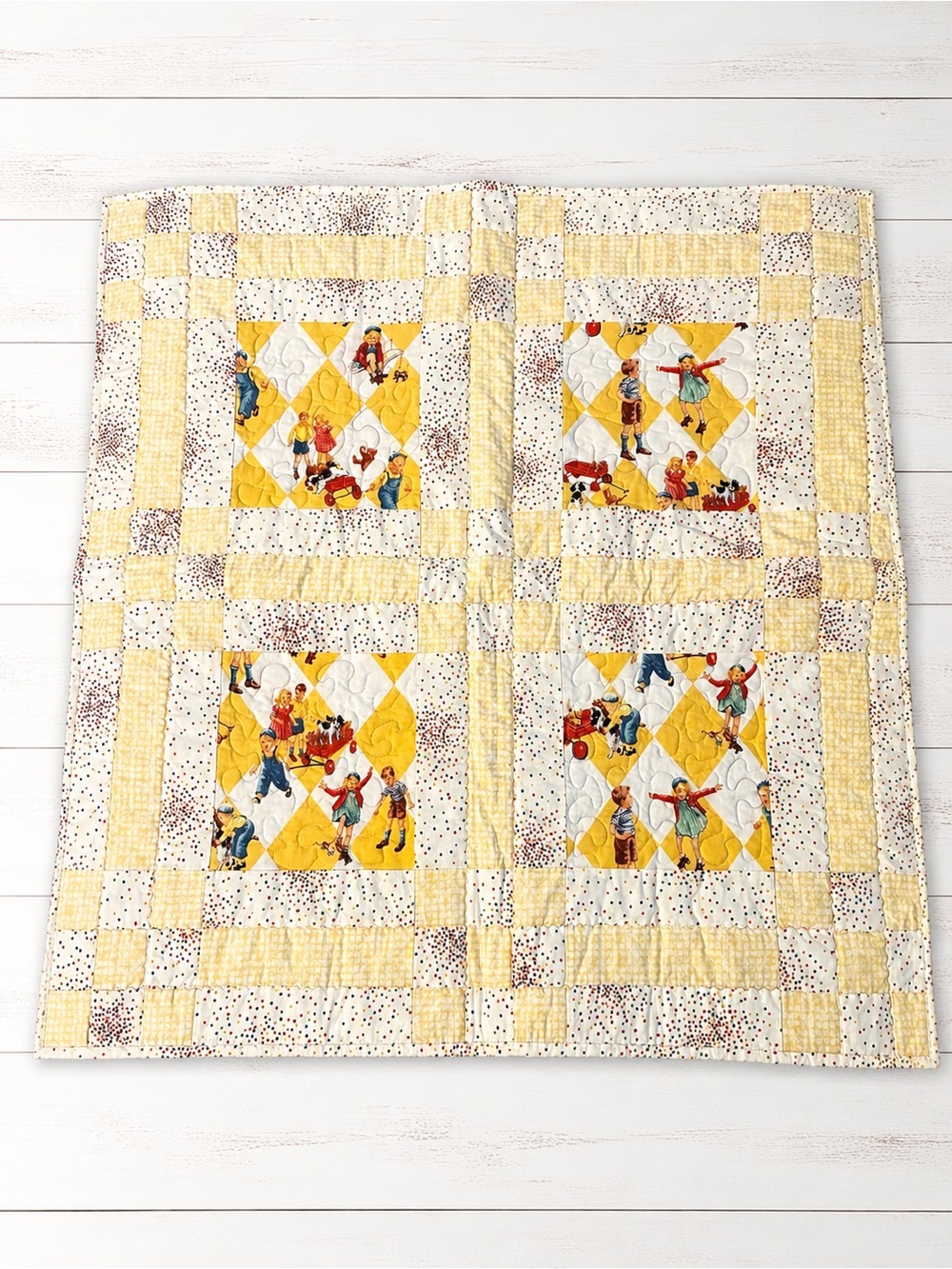 Vintage-Style Yellow Patchwork Dick & Jane Child’s Quilt